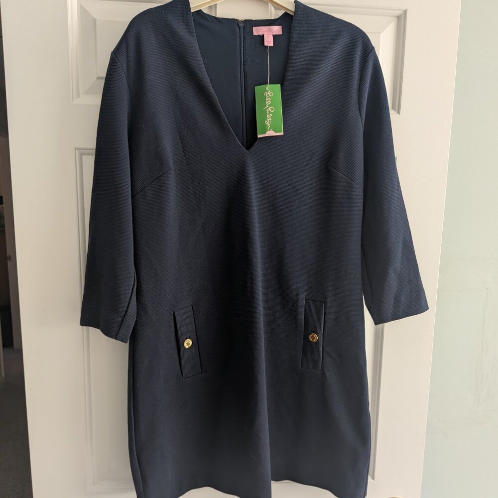 Lilly Pulitzer Charlene Navy Blue Ribbed Mini V Neck  Dress Size XL NWT